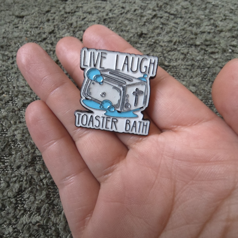 Live Laugh Toaster Bath Enamel Pin in Gray and Blue (Any 3 For $15)